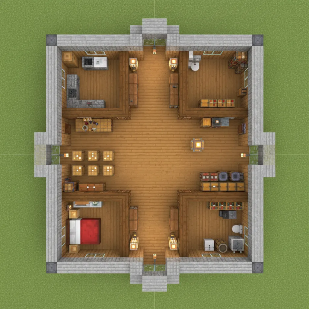Minecraft house interior layout with central hallway connecting four separate rooms including kitchen and bedroom