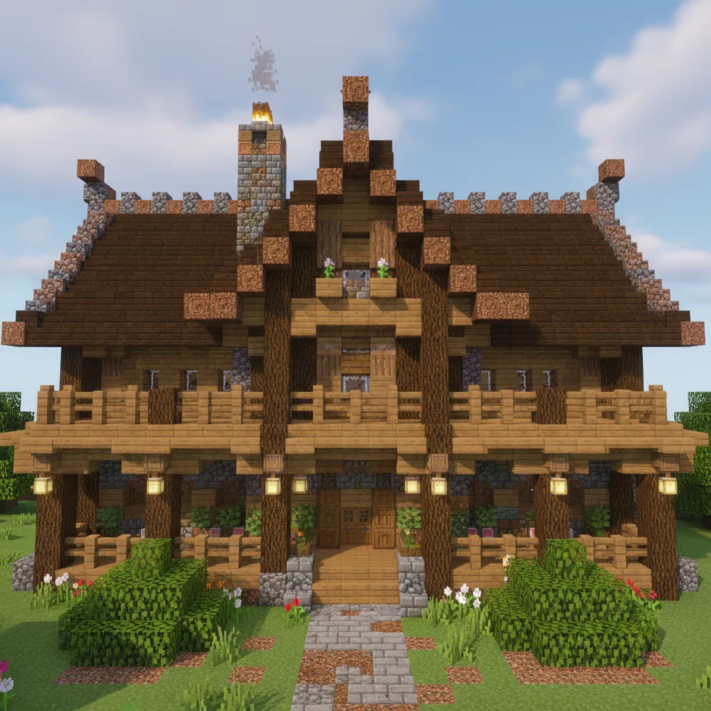 Casa de Minecraft con paredes con profundidad y pilares decorativos