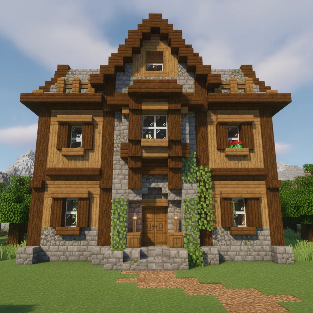 Casa de Minecraft con paredes con profundidad y ventanas detalladas