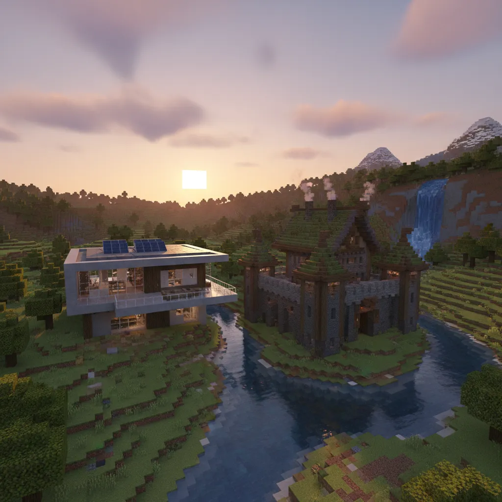 Modern glass house and stone castle by a river with waterfall during a bright sunset