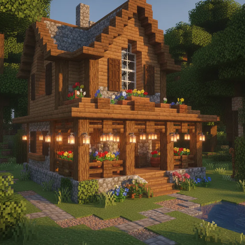 Detalles decorativos en casa de piedra y madera en Minecraft