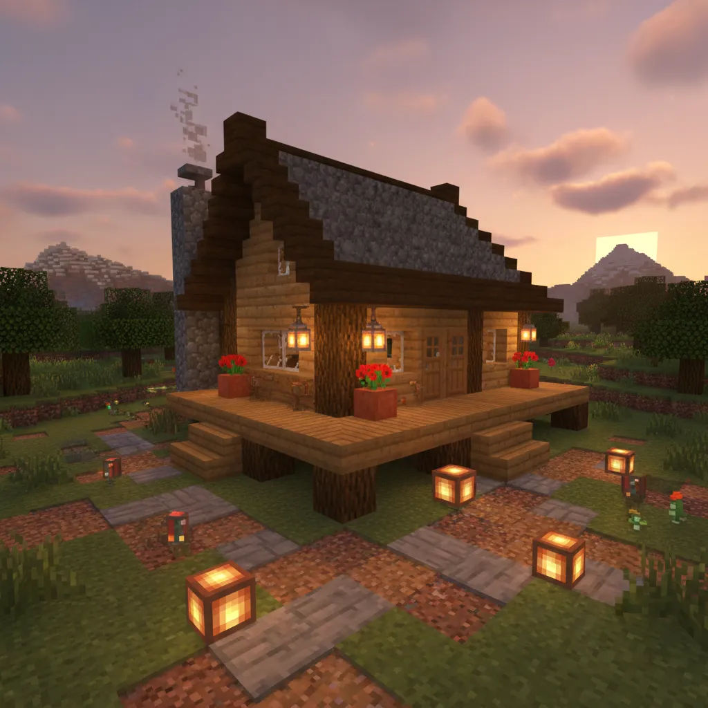 Casa de Minecraft con pequeños detalles decorativos exteriores