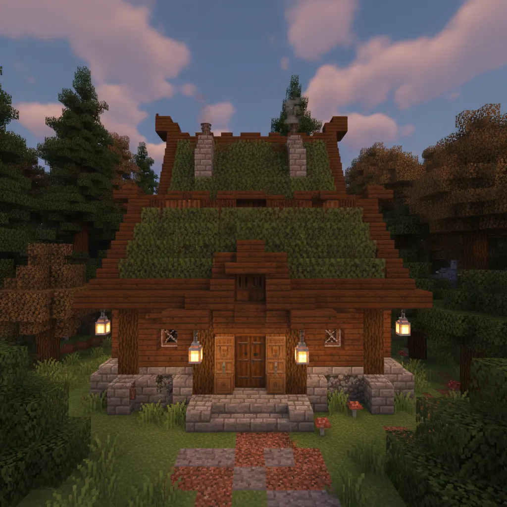 Tampilan luar rumah Minecraft dengan atap kayu dan jendela besar
