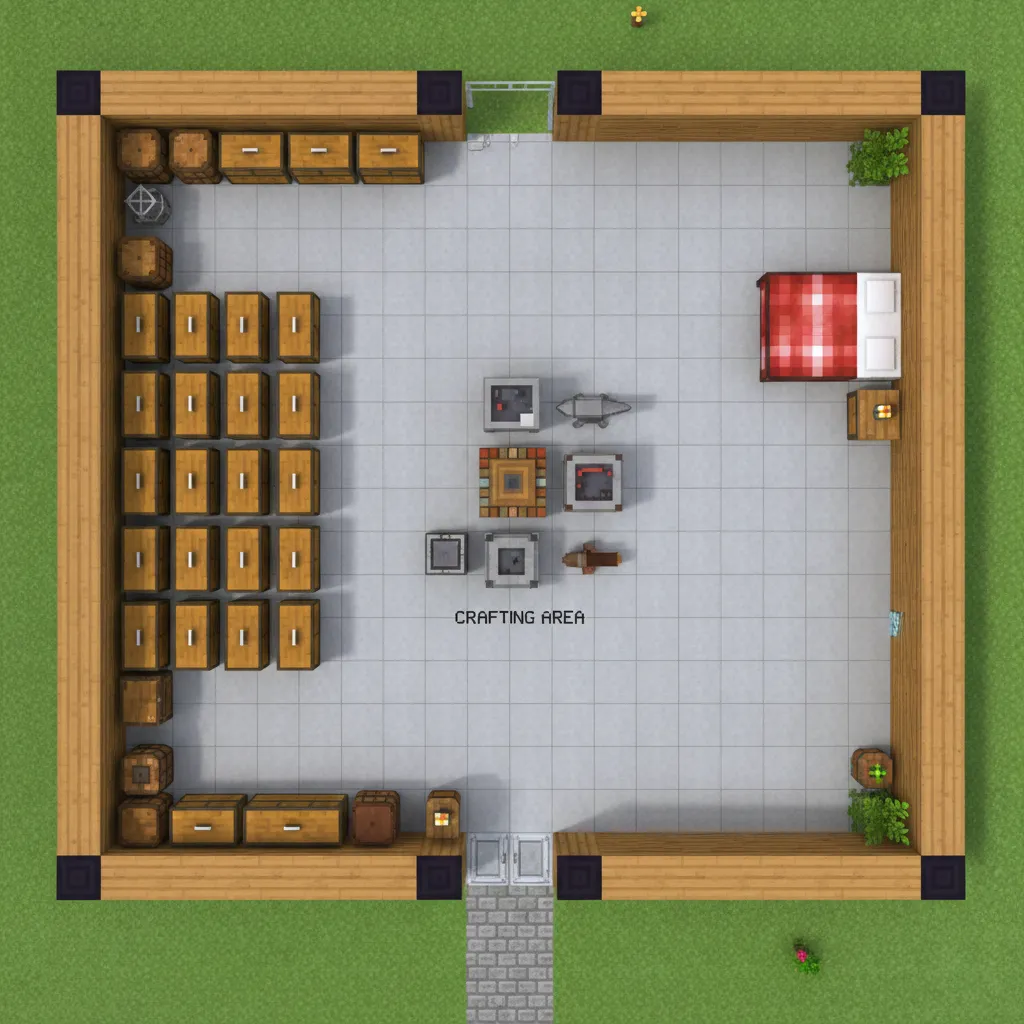 Ilustrasi denah sederhana rumah Minecraft dengan beberapa zona ruang