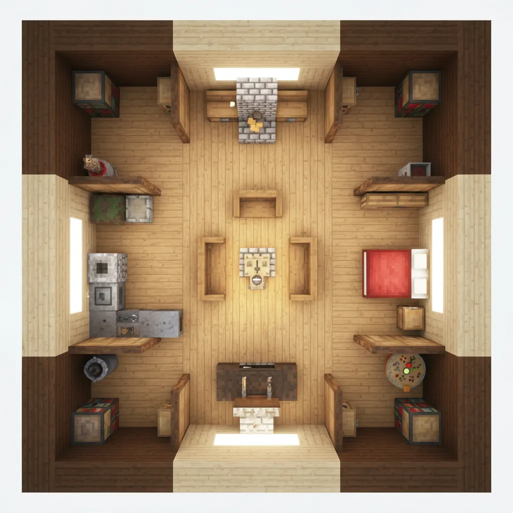 Top down Minecraft house floor plan with central fireplace sofa red bed and wooden furniture