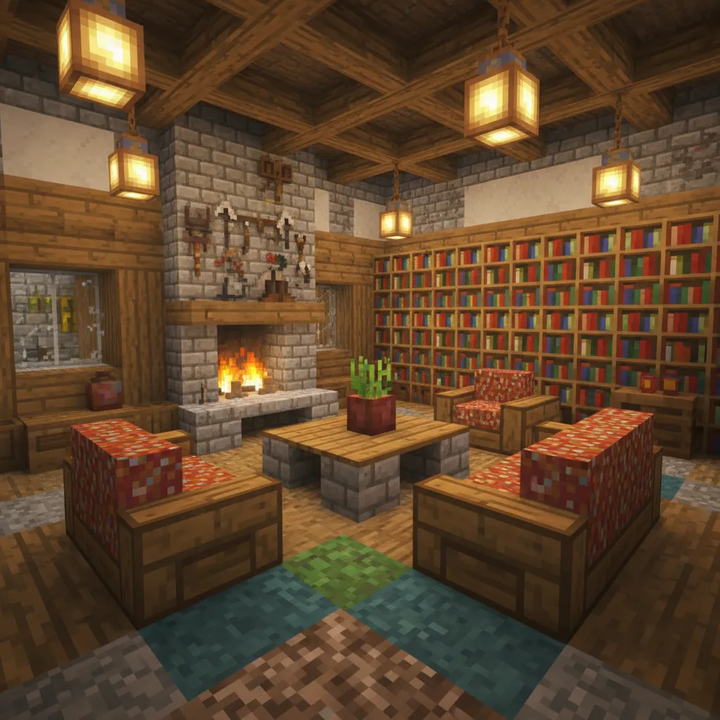 Minecraft house interior with a stone fireplace, large bookshelf, wooden coffee table, and ceiling lights