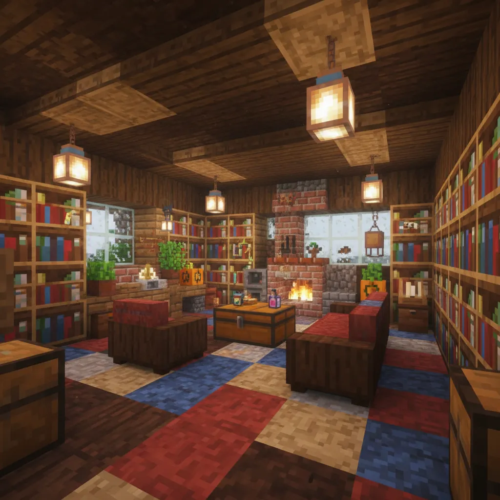 Interior acogedor de una casa en Minecraft con iluminación cálida