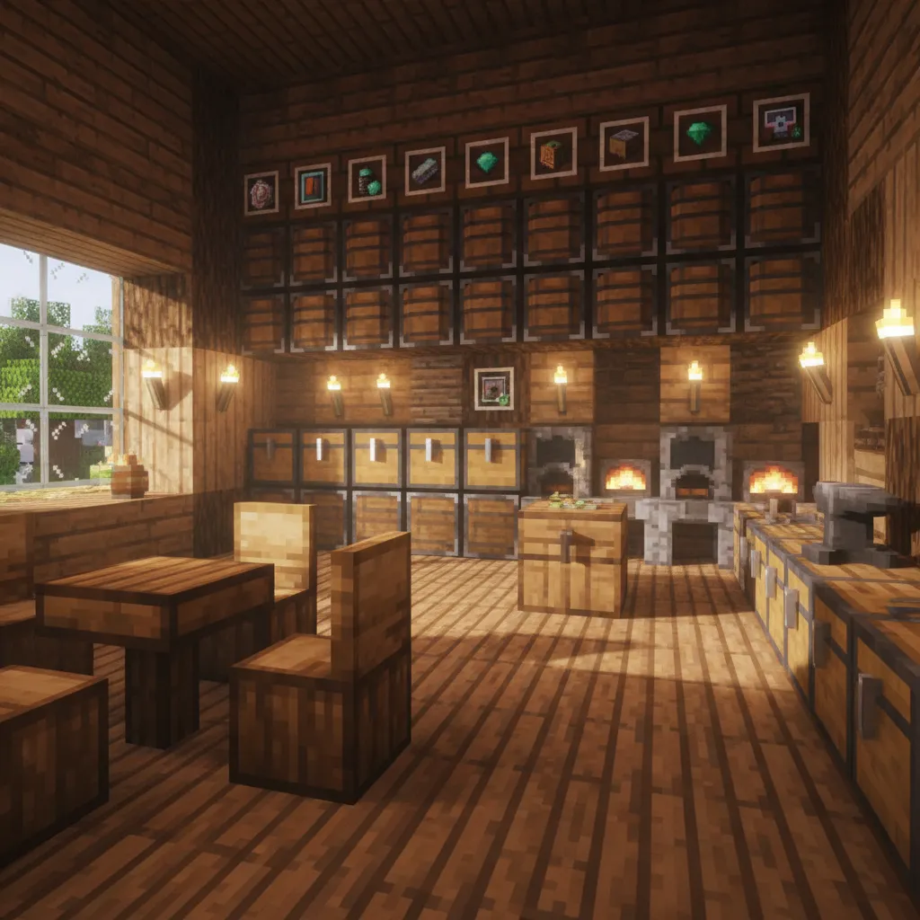 Interior de casa de Minecraft con almacenamiento organizado