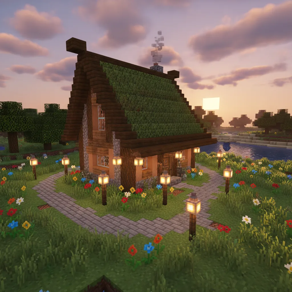 Casa de Minecraft con camino y jardín decorativo