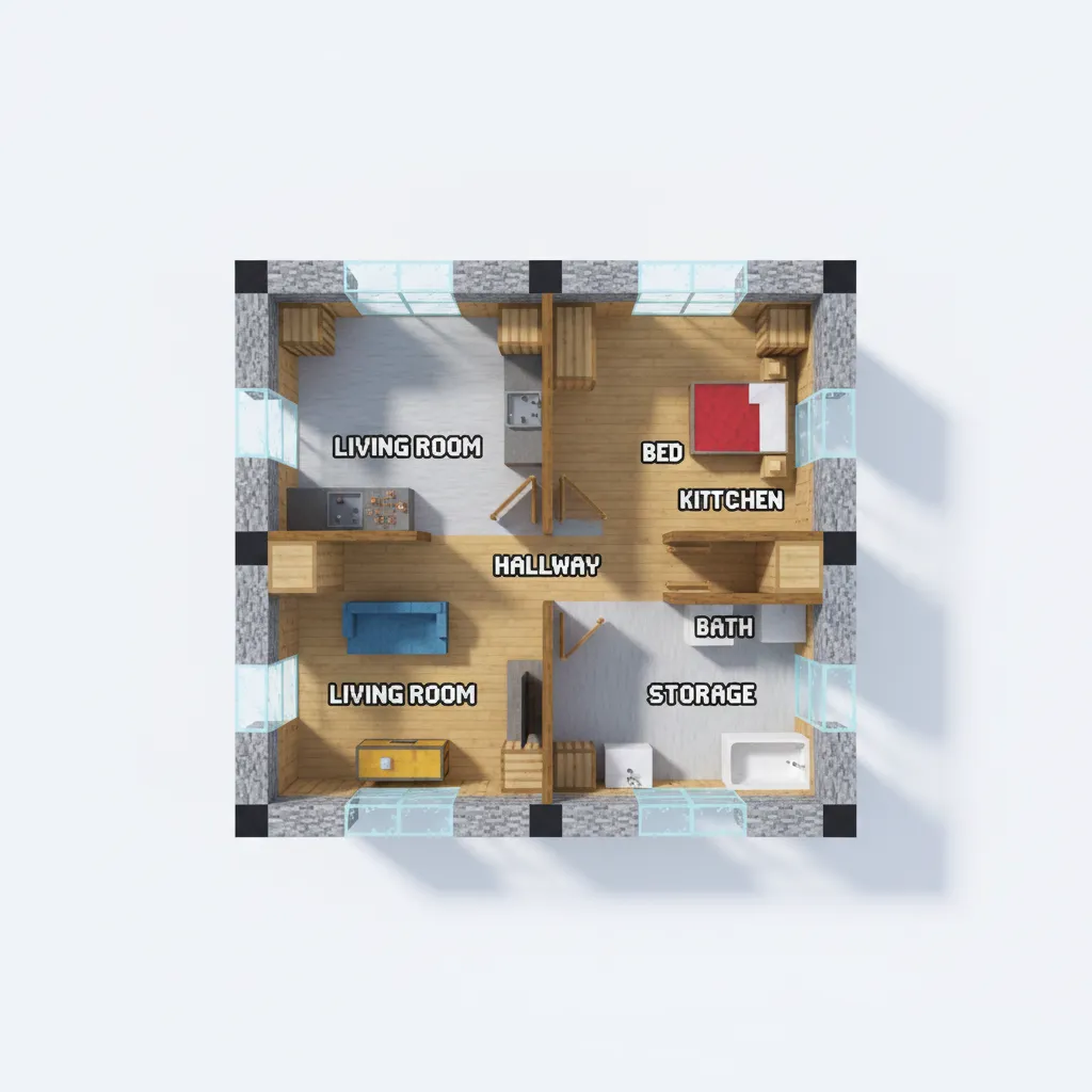 Plano básico de una casa en Minecraft con distribución de habitaciones