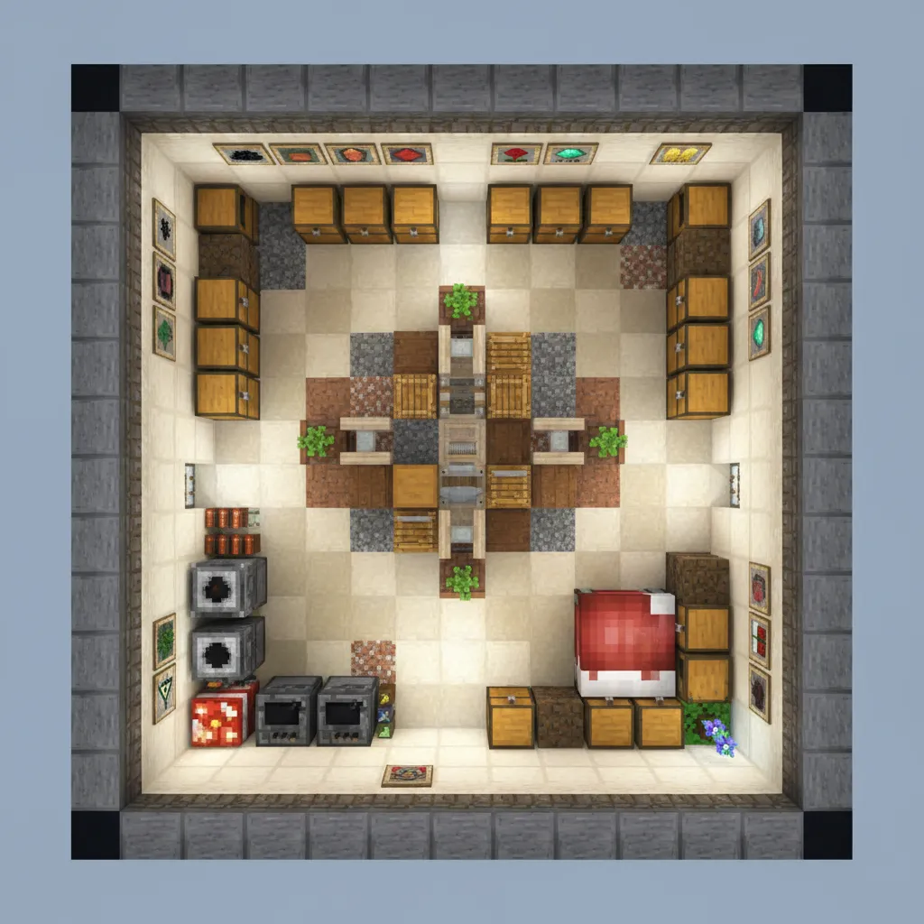 Vista superior de distribución de casa de Minecraft con zonas de cofres y crafting