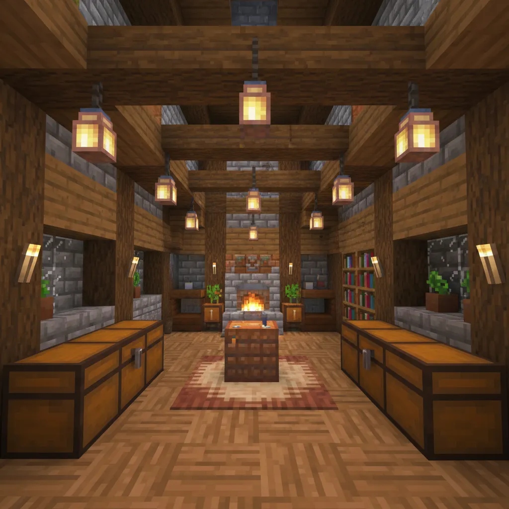 Interior rumah Minecraft dengan pencahayaan lantern