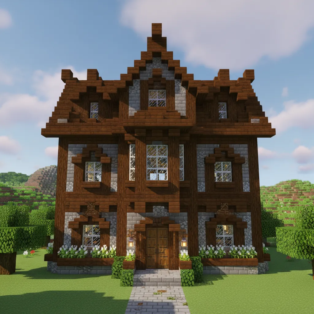 Casa de Minecraft con mezcla de madera y piedra