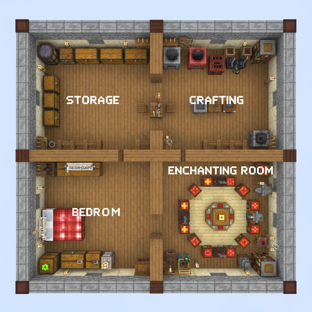 Top view of a Minecraft house room layout with storage crafting bedroom and enchanting areas