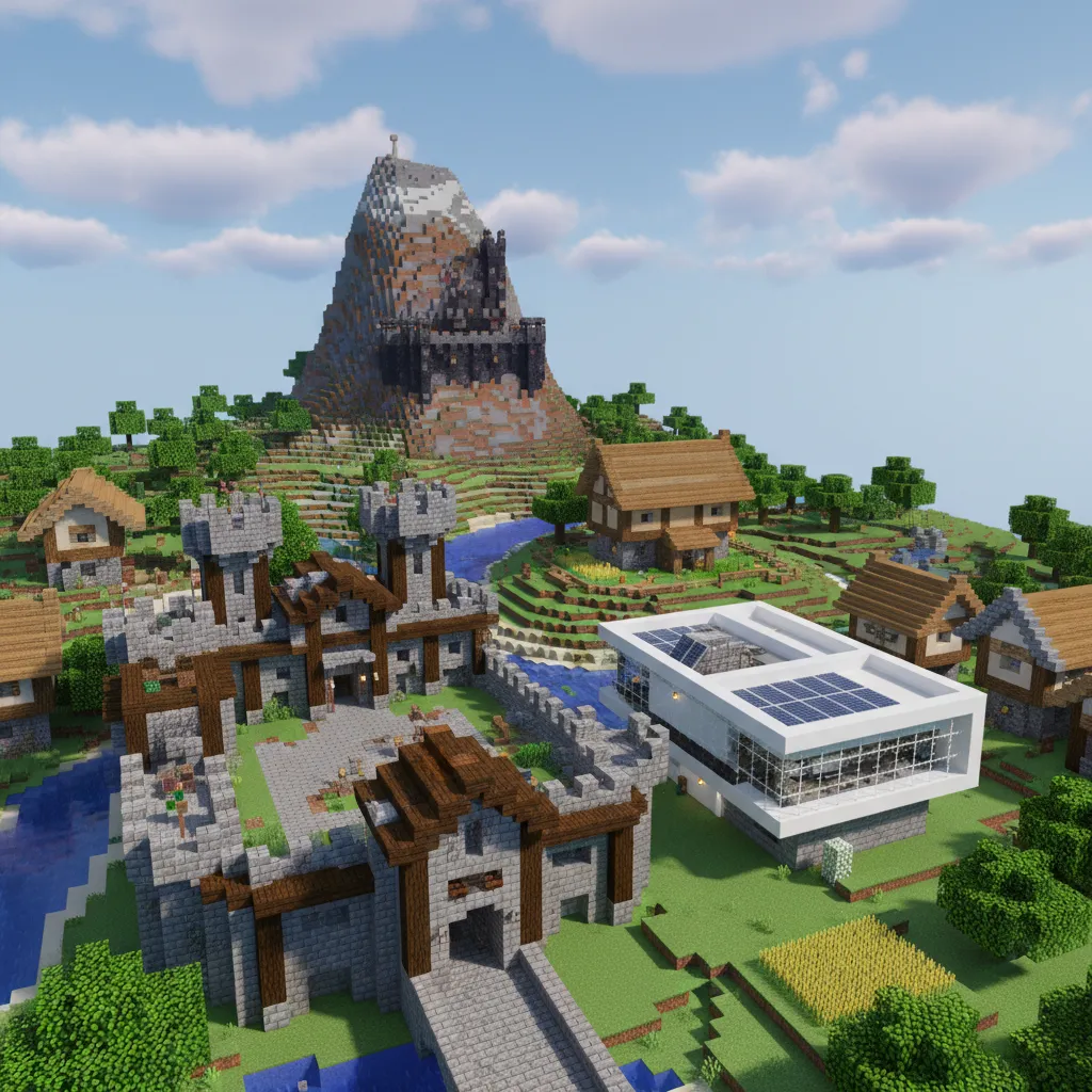 Diferentes estilos de casas de Minecraft en un mismo paisaje