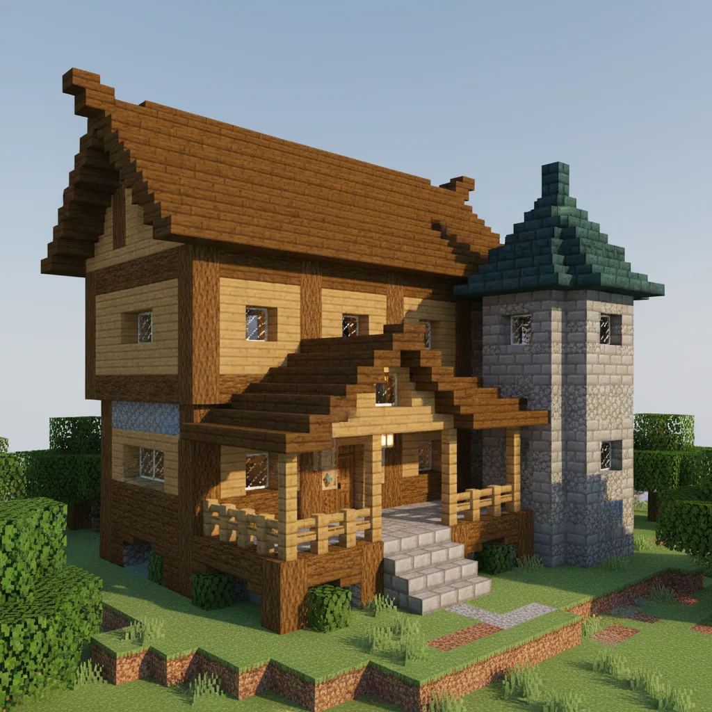 Casa de Minecraft con varios volúmenes arquitectónicos