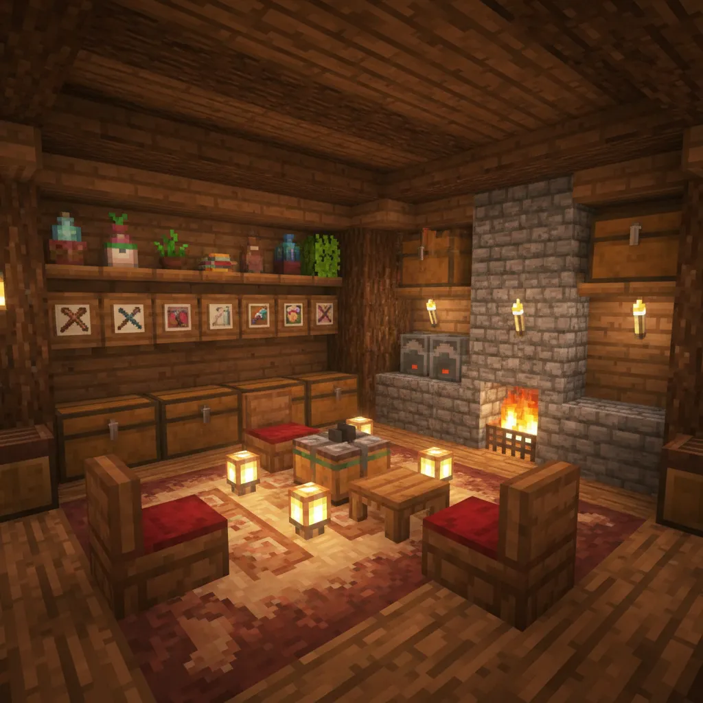 Interior organizado de casa en Minecraft con cofres y zona de trabajo