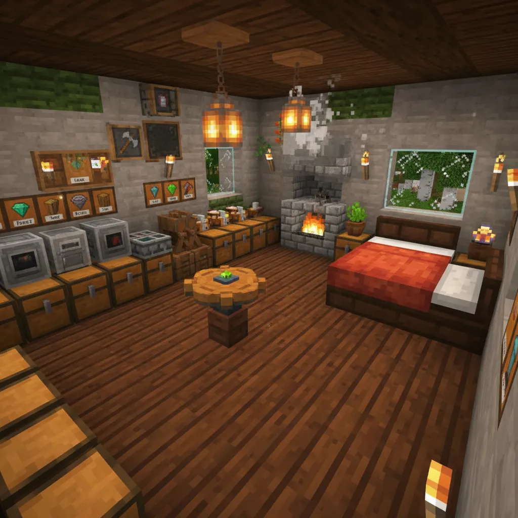 Interior organizado de una casa Minecraft con diferentes áreas funcionales