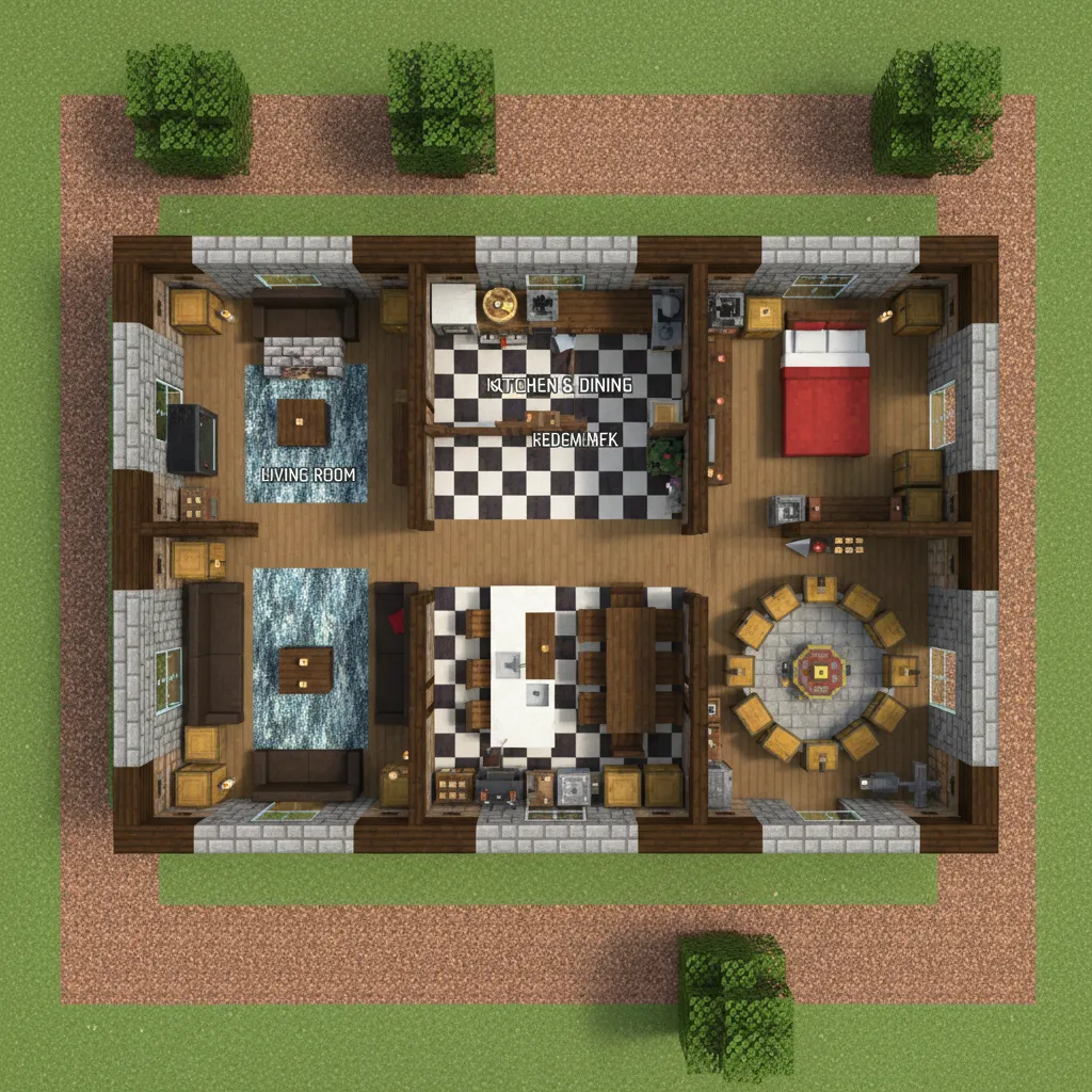 Plano simple de distribución de habitaciones inspirado en una casa de Minecraft