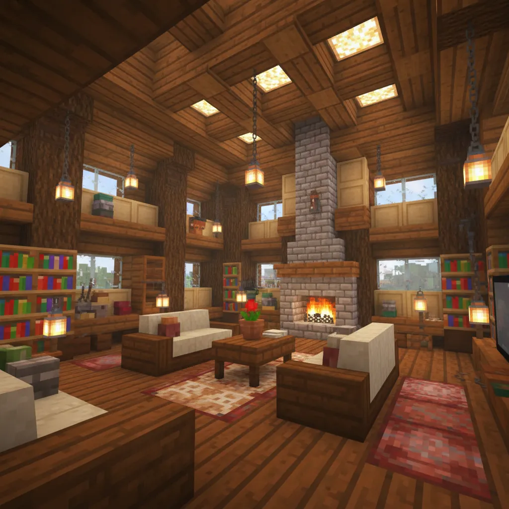 Interior de Minecraft con iluminación indirecta usando lanterns y glowstone oculta