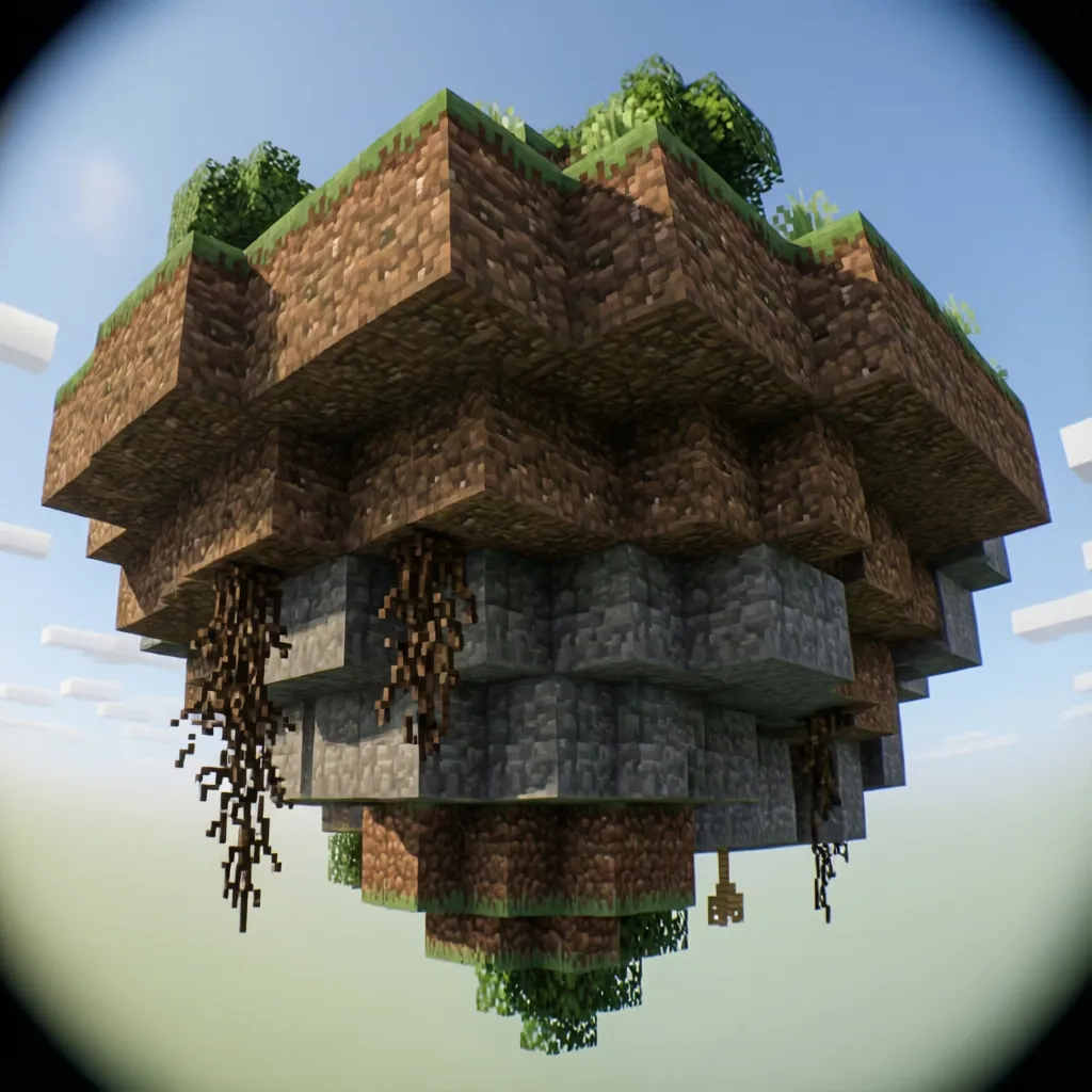 Base de isla flotante en Minecraft mostrando capas de piedra y tierra