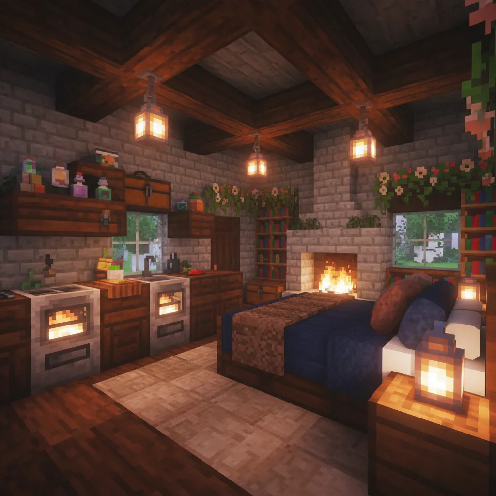 Cocina y dormitorio decorados dentro de una casa de Minecraft