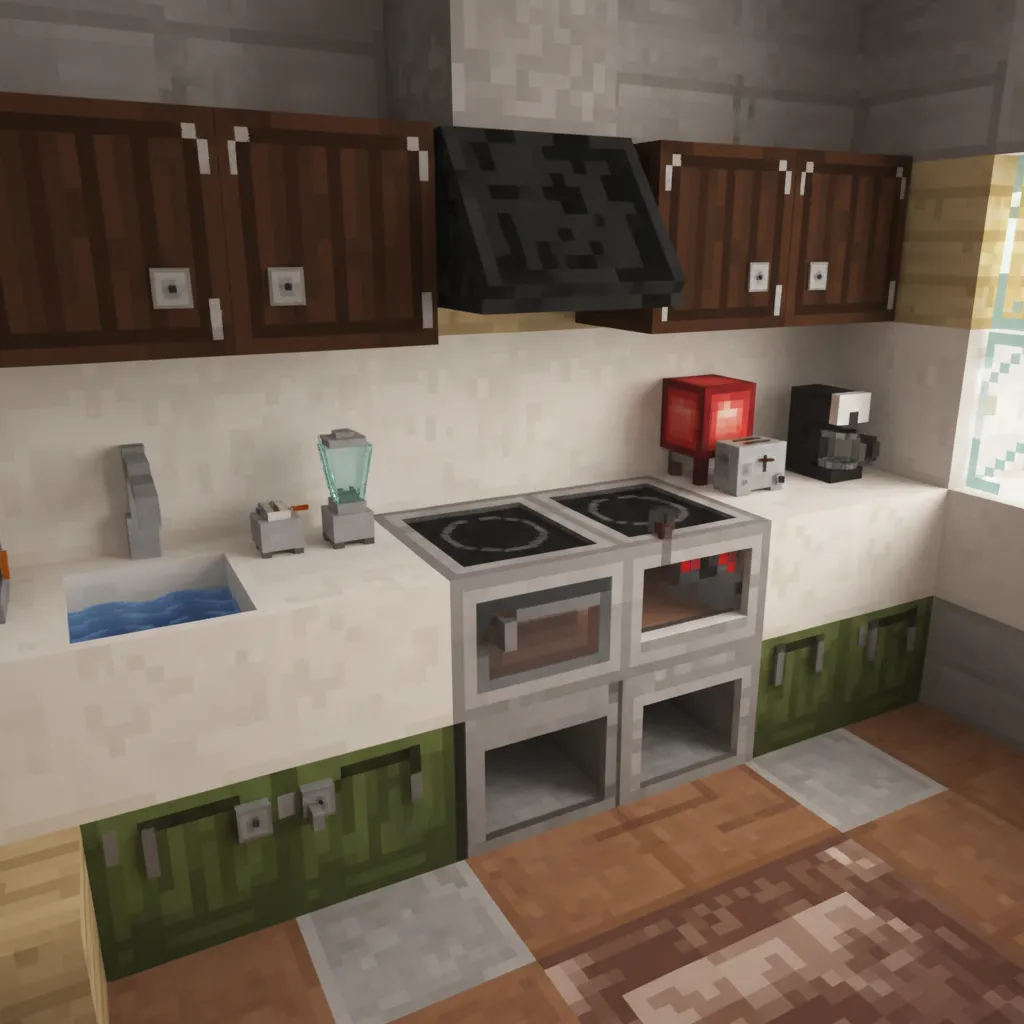 Minecraft kitchen blocks showing oven sink and cabinets