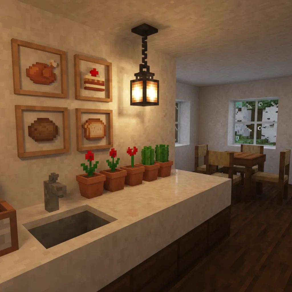 Decorated Minecraft kitchen counter with lanterns plants and item frames