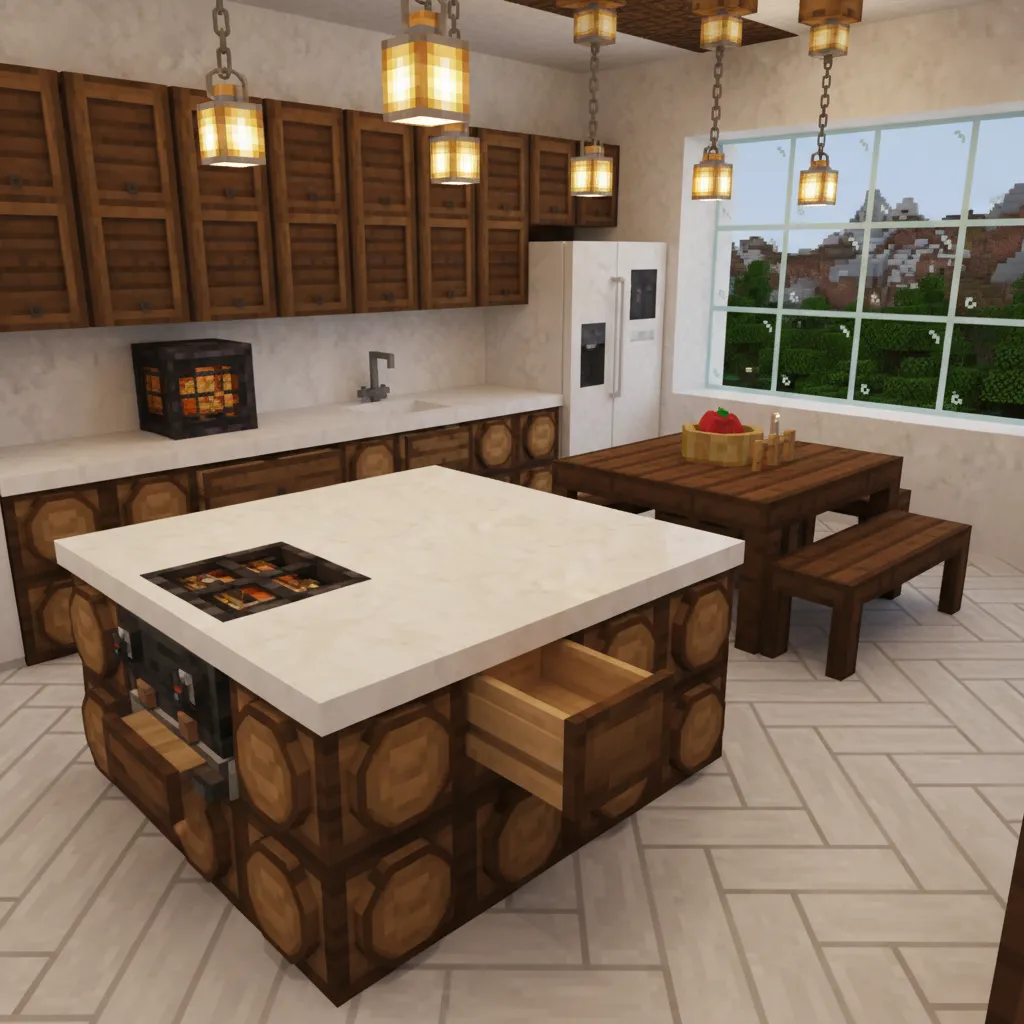Minecraft kitchen with wooden cabinets central island dining table window and several hanging ceiling lights