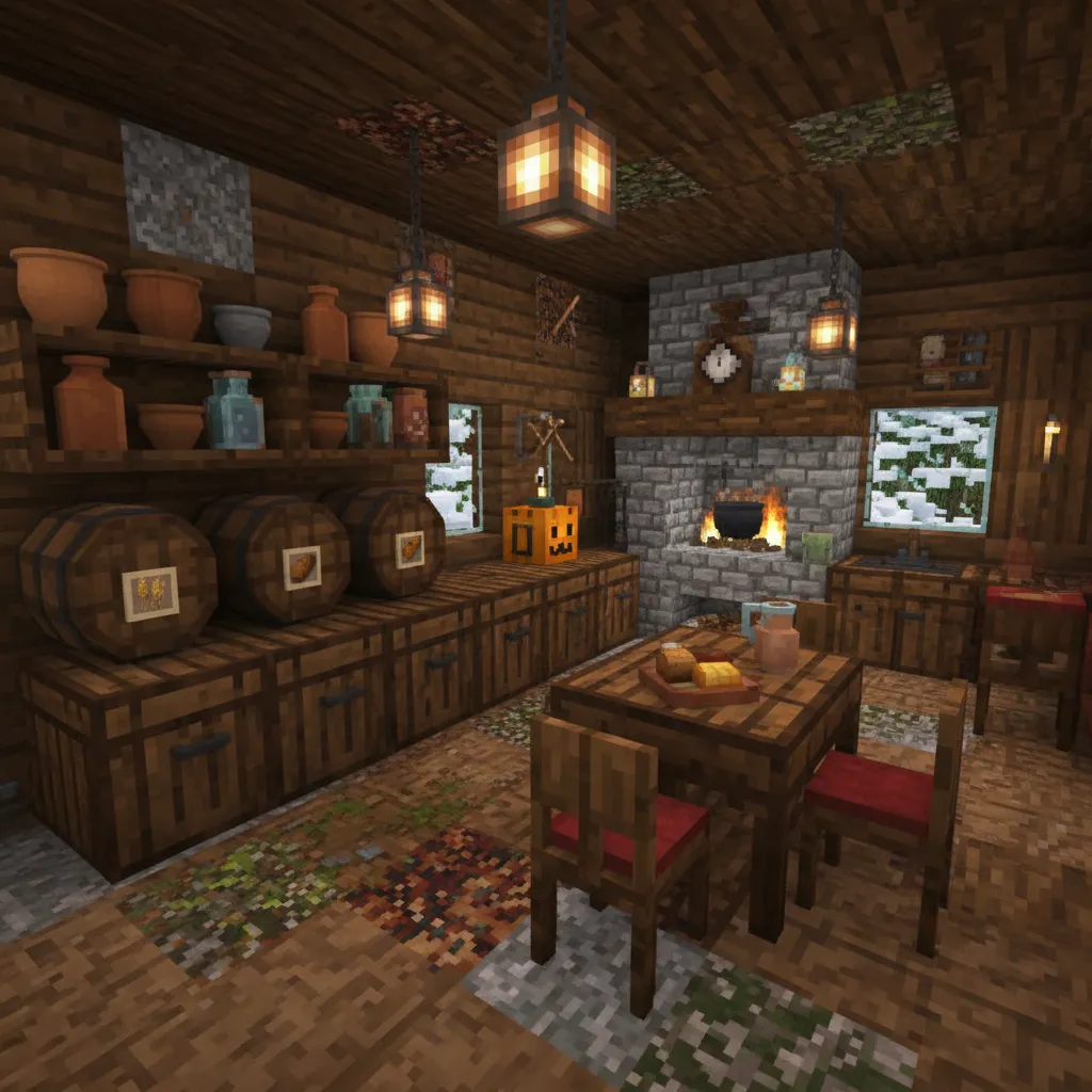 Cocina rústica dentro de una casa Minecraft con barriles y trampillas