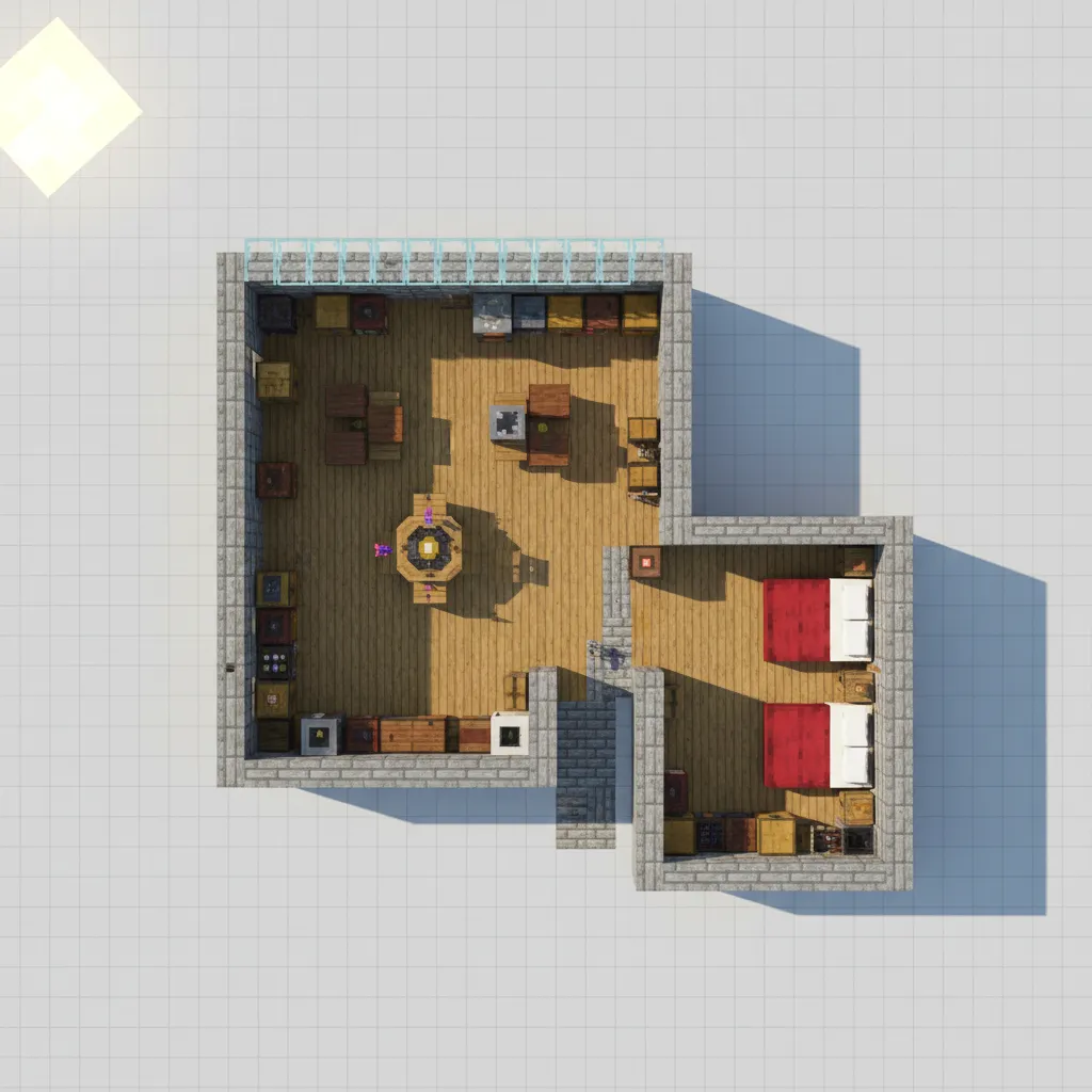 Plano de casa en forma de L en Minecraft con dos zonas separadas