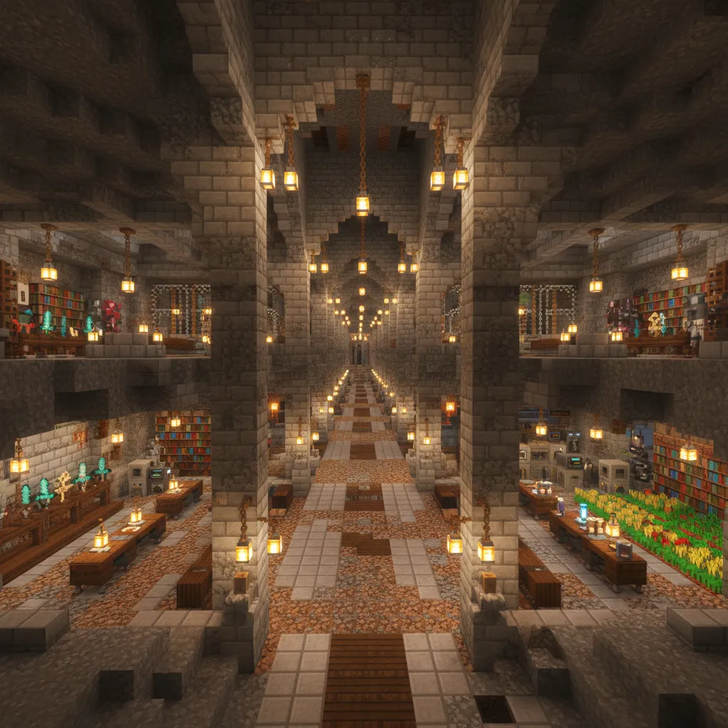 Long stone hall with tall pillars hanging lanterns side bookshelves wooden tables and symmetrical floor