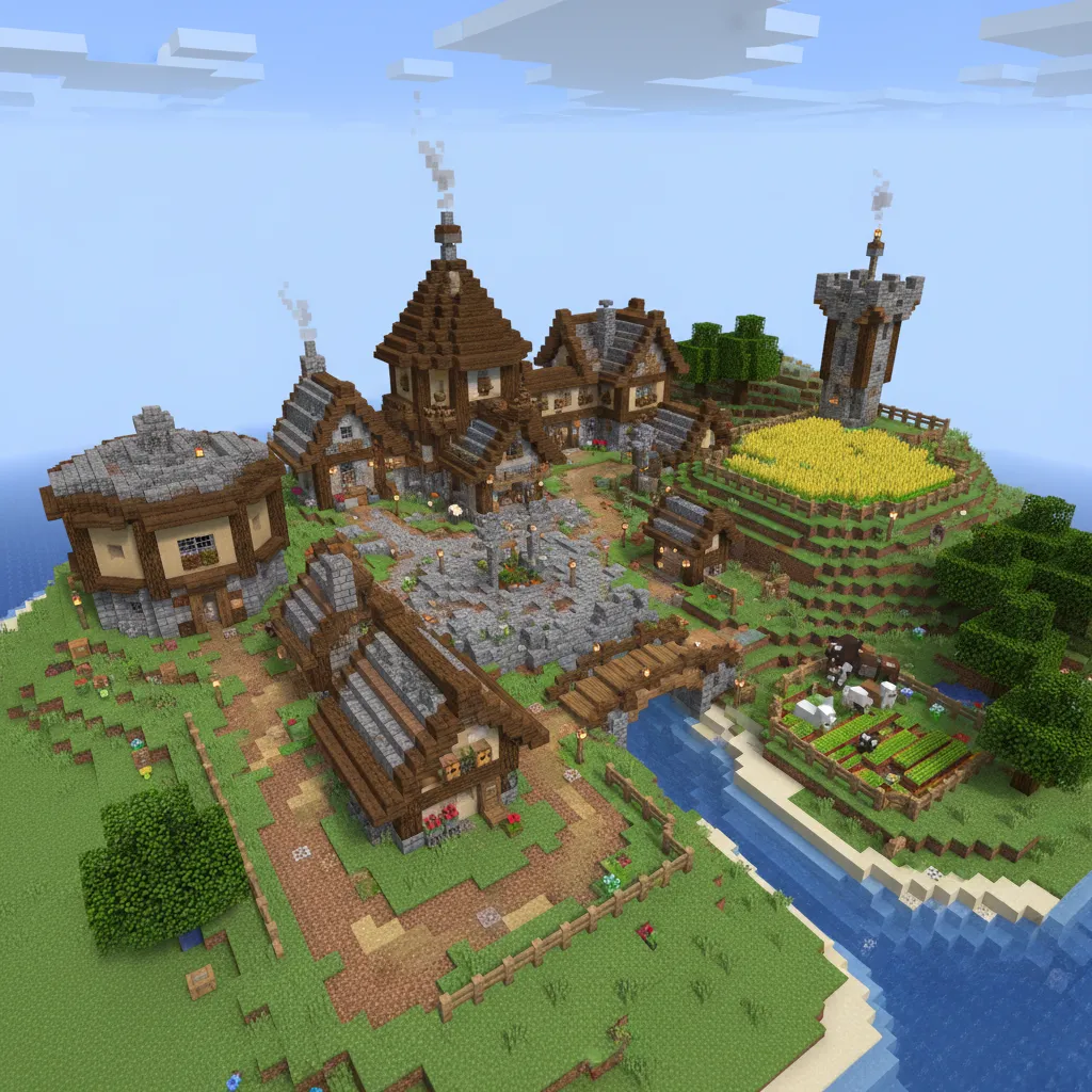 Gran base de Minecraft con múltiples edificios conectados