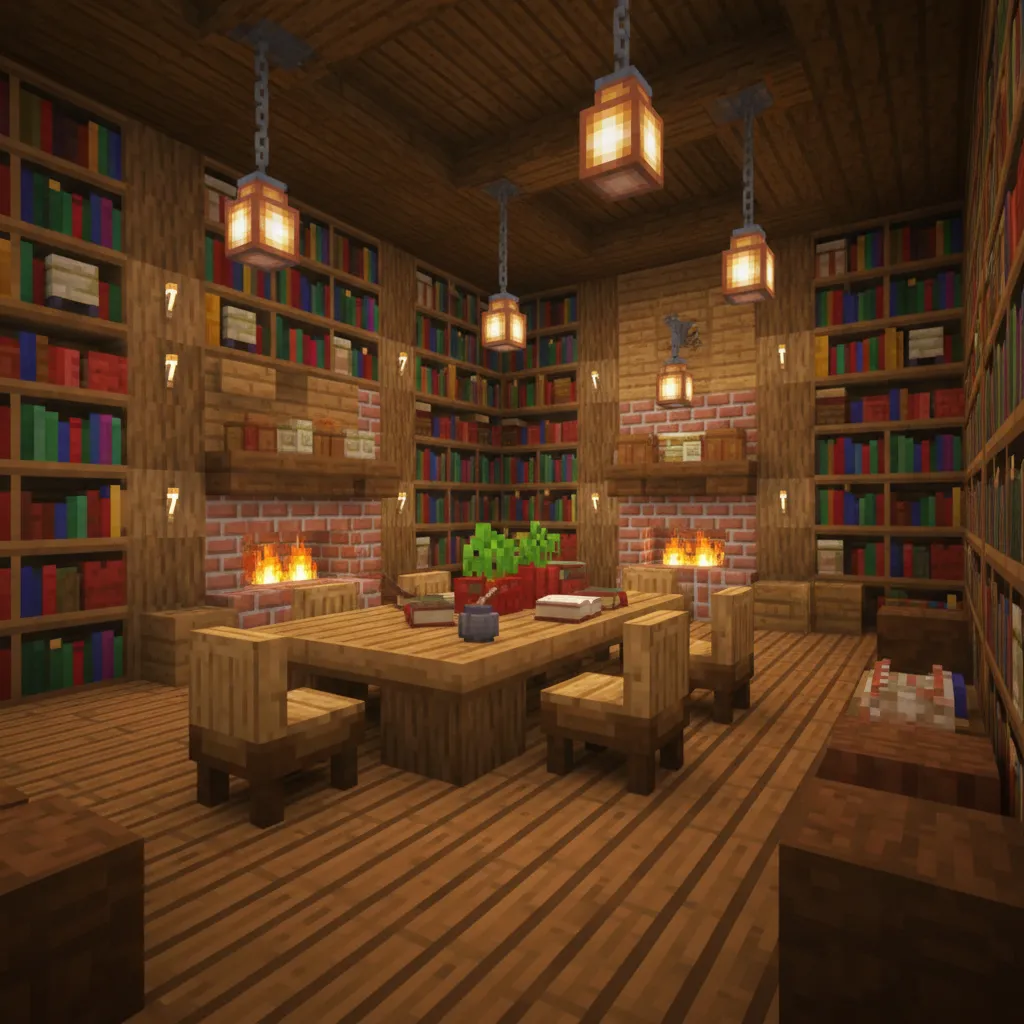 Biblioteca interior en una casa Minecraft con paredes de librerías