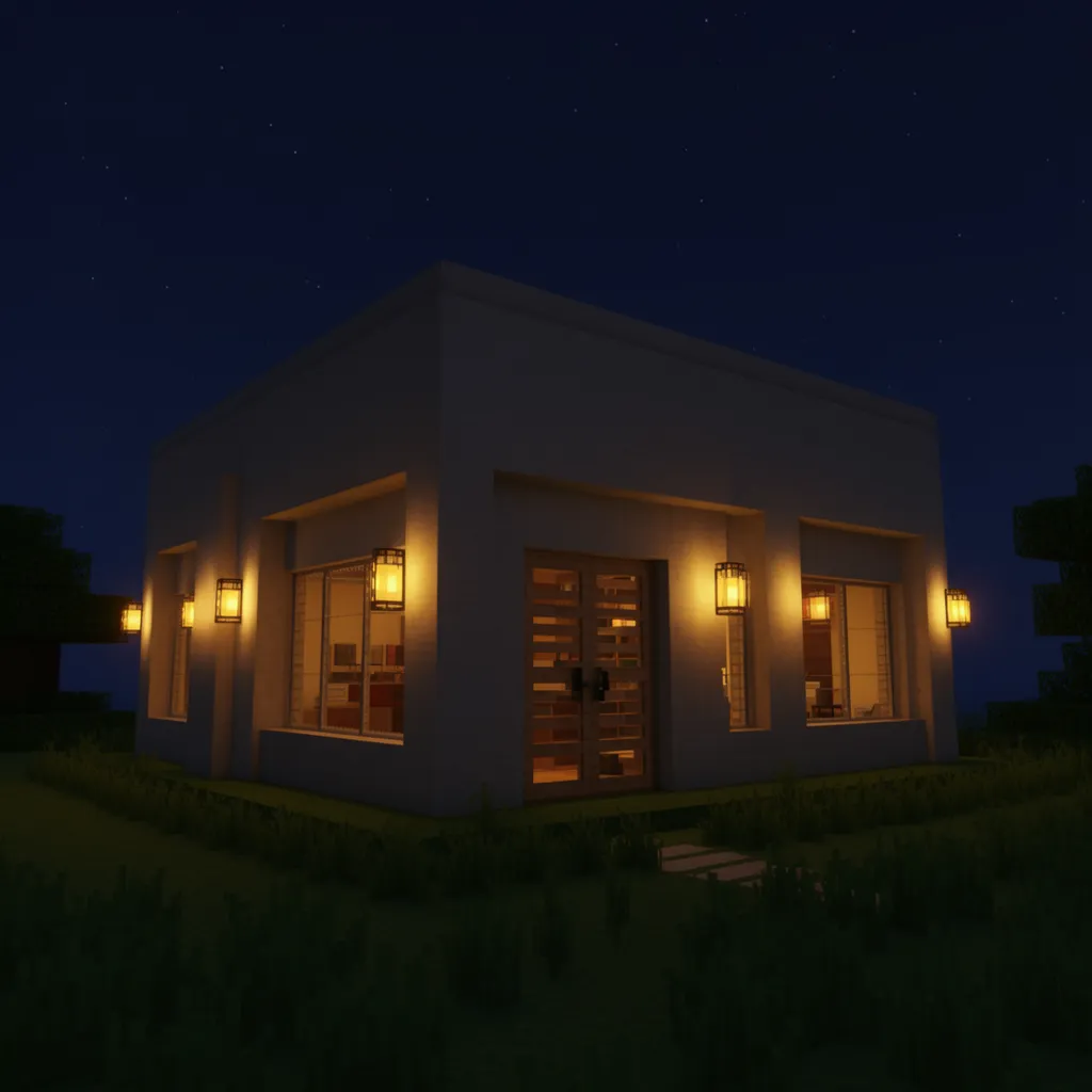 Rumah Minecraft dengan pencahayaan malam