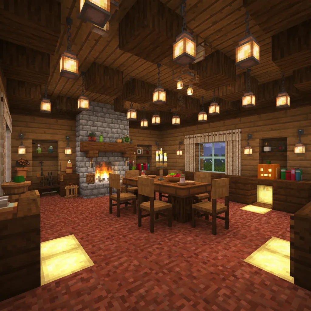 Minecraft dining room showing a wooden table, stone fireplace, many ceiling lights, and wall lights