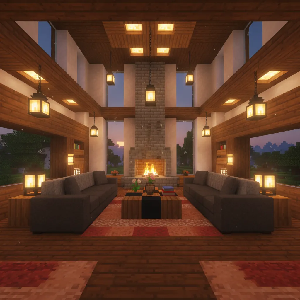 Sala de Minecraft con iluminación indirecta usando lanterns y glowstone