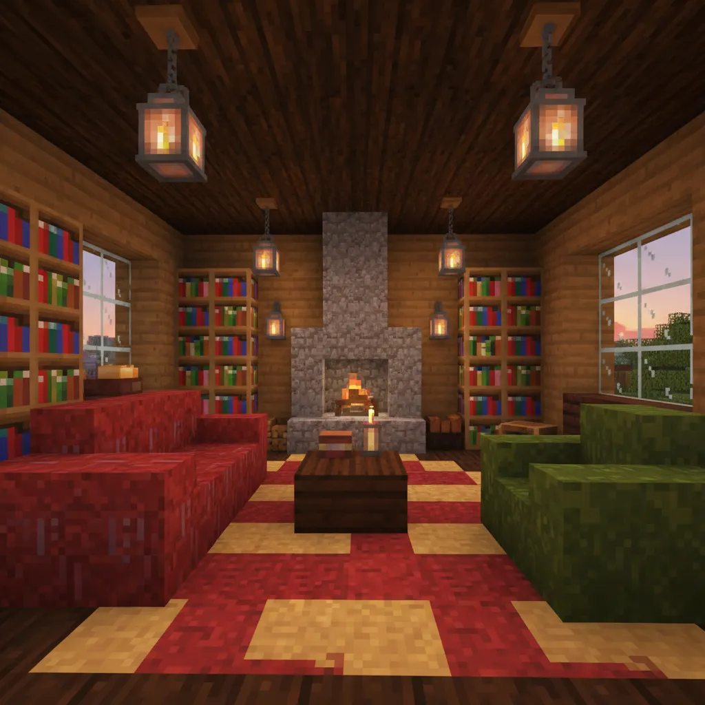 Sala de estar en Minecraft con sofá hecho con escaleras, alfombra y estanterías
