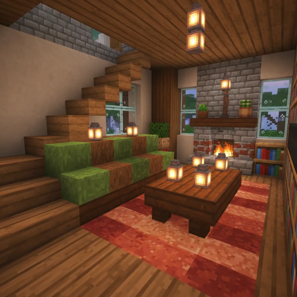 Salón interior en una casa Minecraft con sofá hecho de escaleras y mesa central