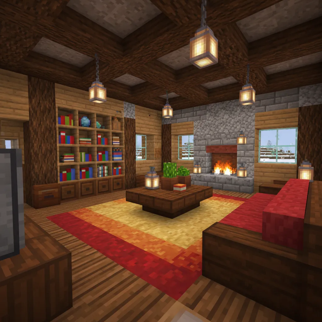 Minecraft living room featuring a red sofa, colorful rug, stone fireplace, bookshelf, and ceiling lights