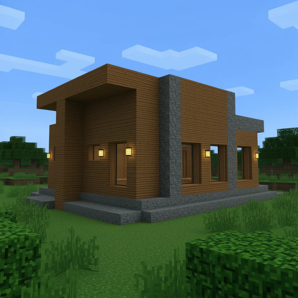 Rumah Minecraft dengan kombinasi kayu dan batu