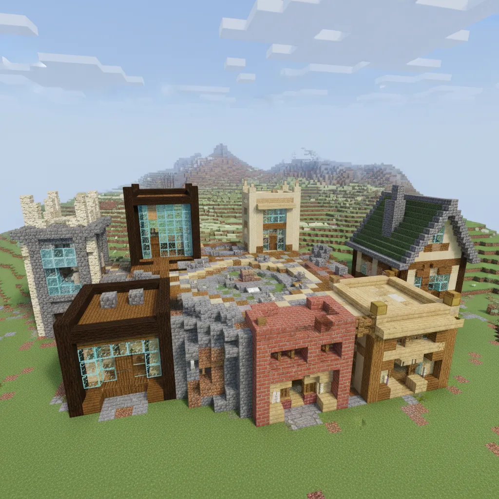 Collection of small house sections showing different material combinations like wood stone and red bricks