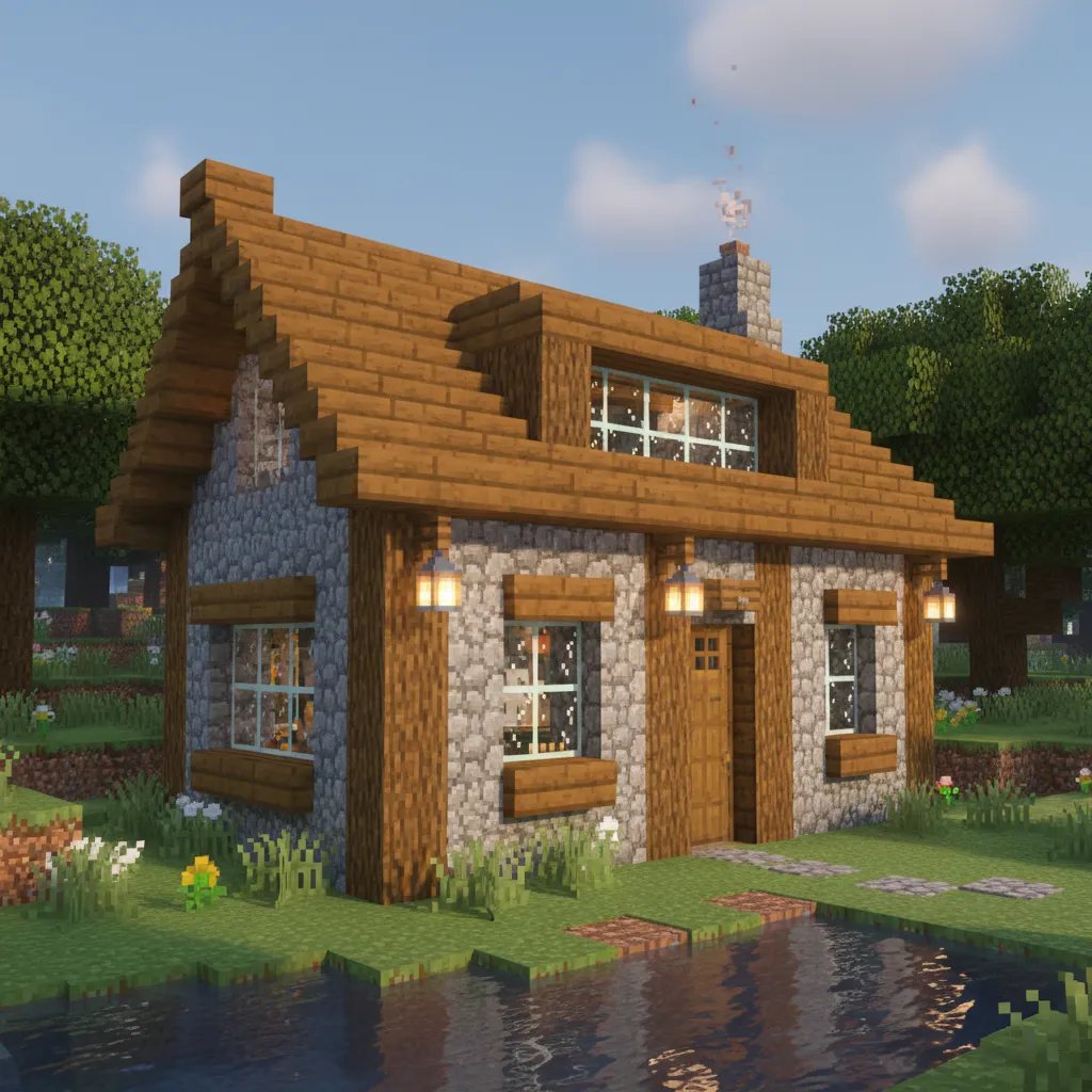 Casa de Minecraft con mezcla de madera y piedra