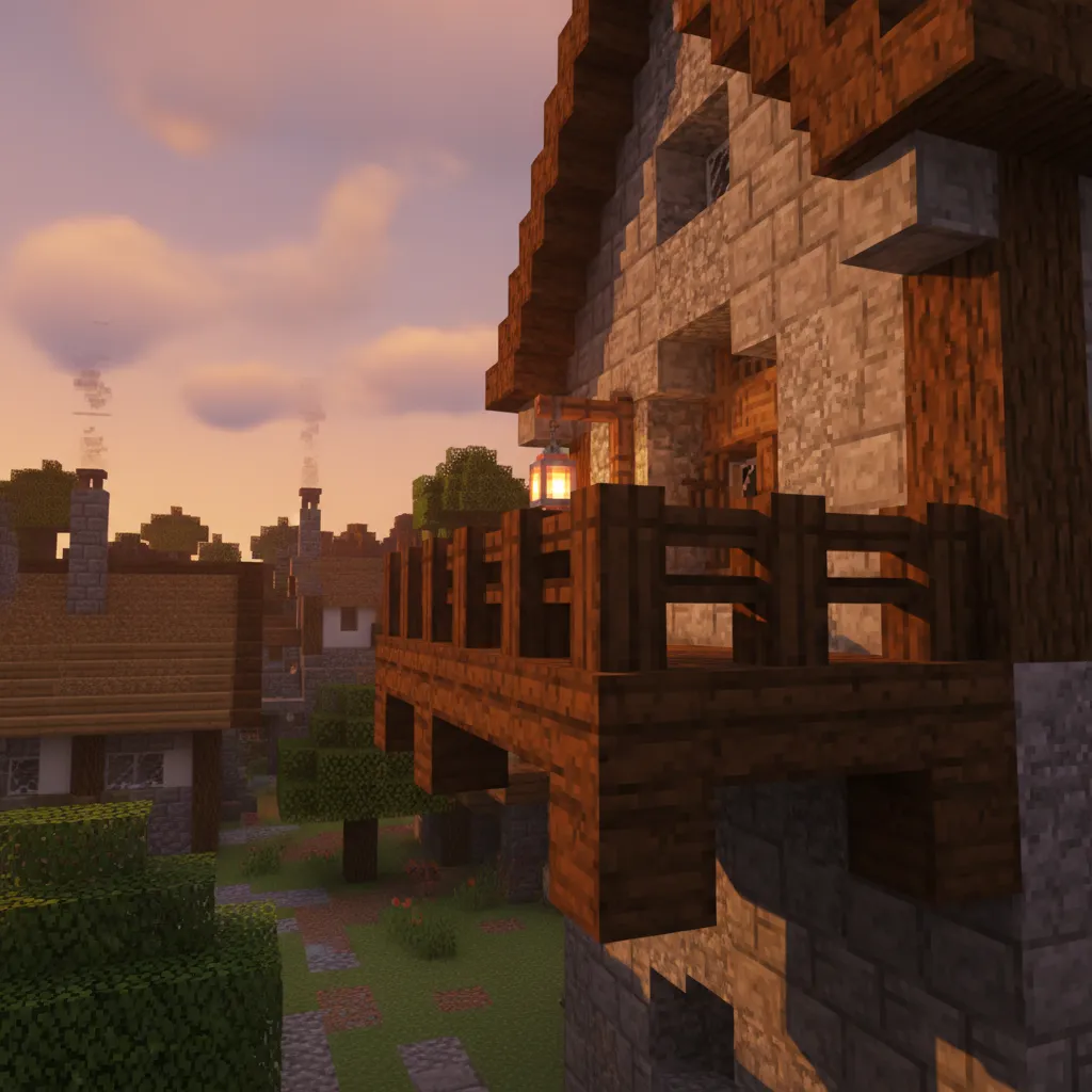 Minecraft medieval balcony with wooden beams and lanterns