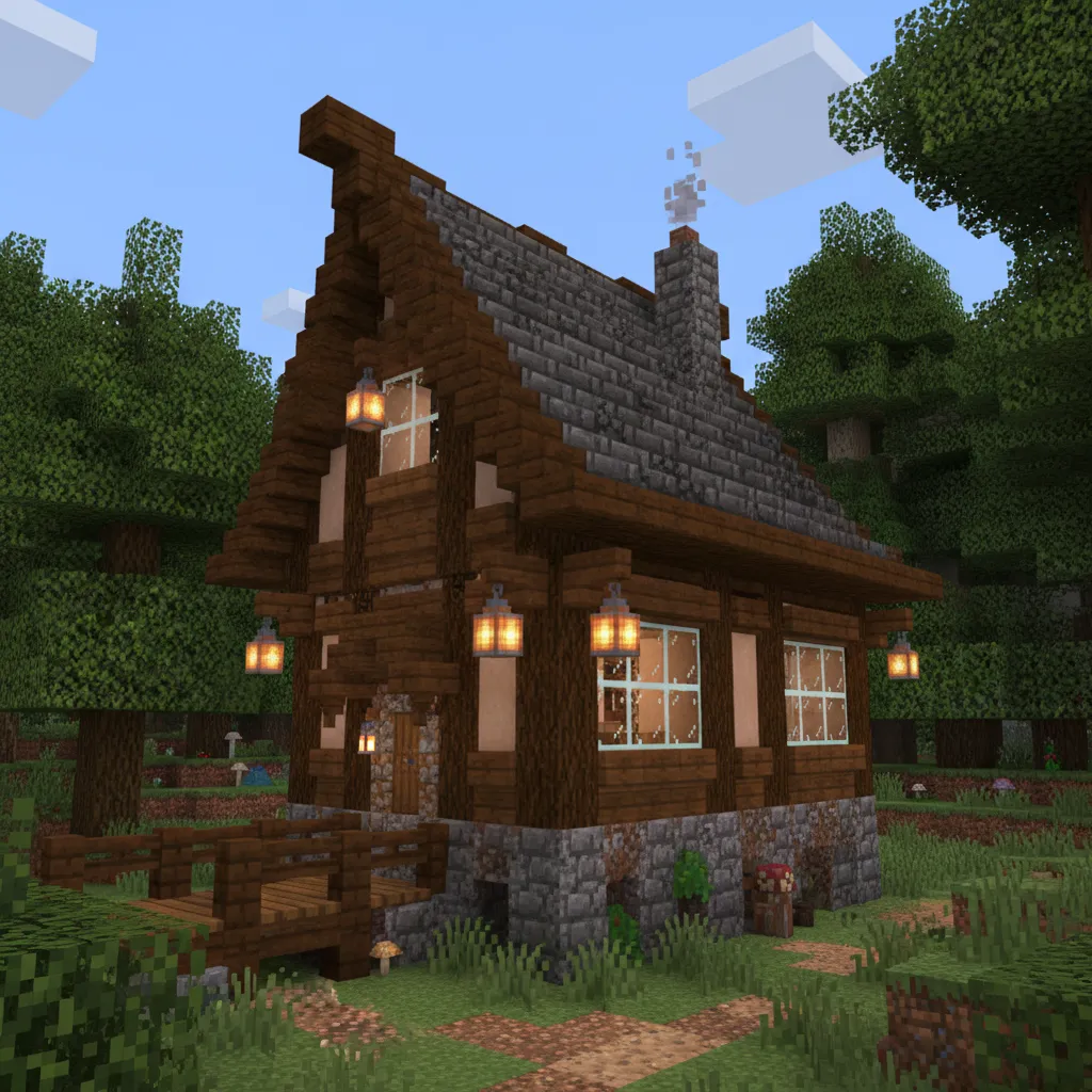 Casa medieval en Minecraft con madera oscura y techo inclinado