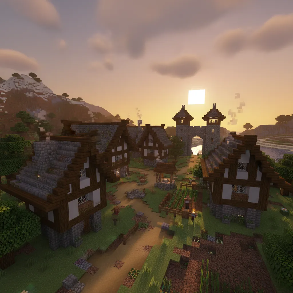 Sunset view of Minecraft medieval village featuring small houses dirt paths and a stone gate
