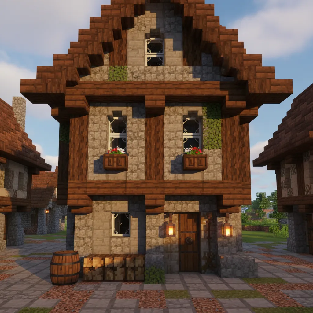 Detailed Minecraft house front with stone walls flower boxes wood barrel and warm wall lights