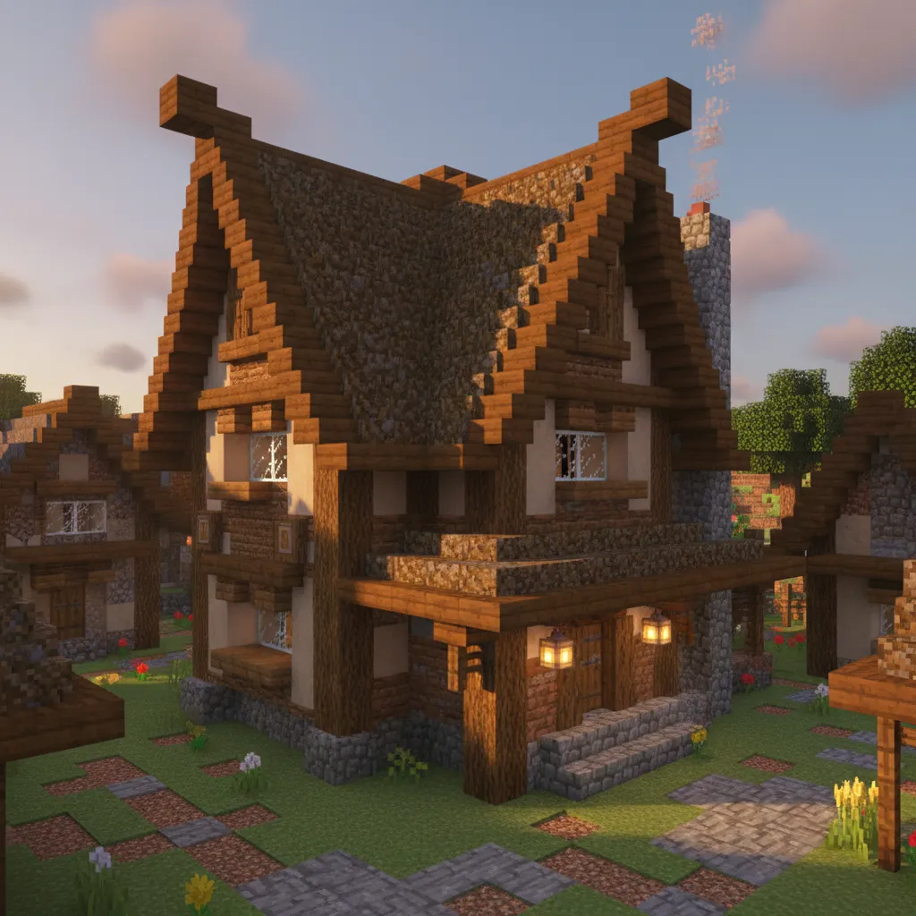 Medieval Minecraft house with tall wood roof stone chimney warm lanterns and soft sunset lighting