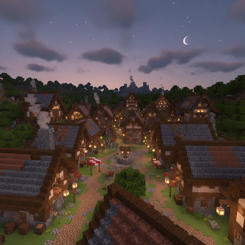 Nighttime Minecraft village layout with many lit houses dirt roads forest background and crescent moon