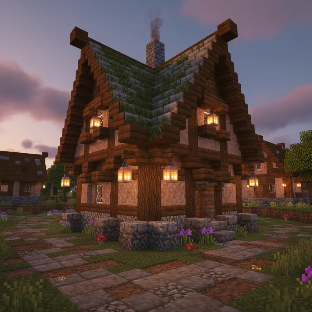 Casa medieval de aldeano en Minecraft hecha con madera y piedra